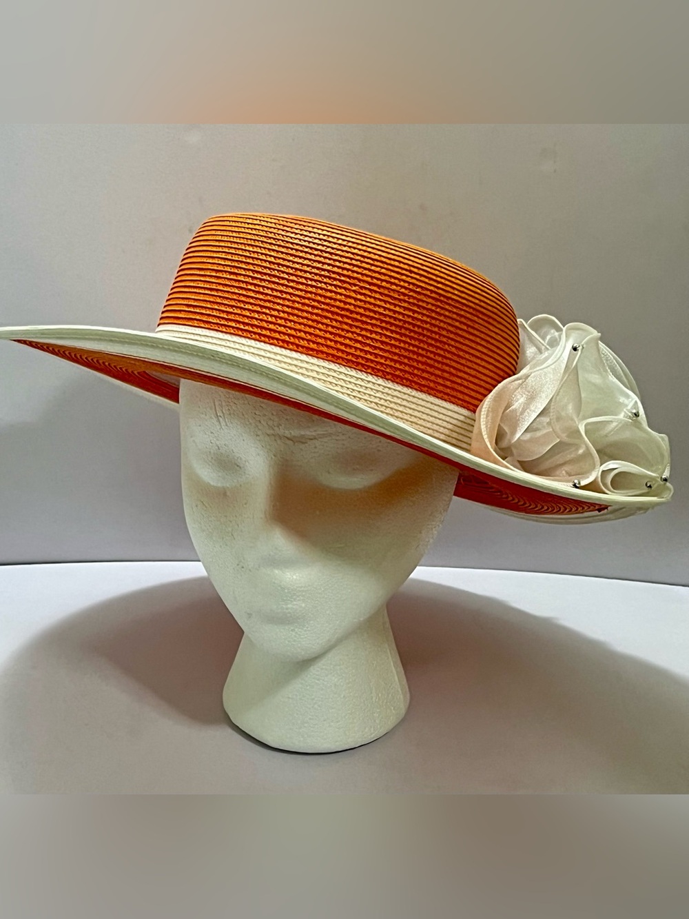 Orange & White Wide Brim Floral Derby Church Sun Hat Statement Fascinator